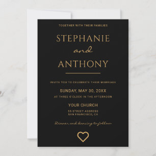 Minimalist Black And Gold Heart Modern Wedding   Invitation