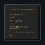 Minimalist Black and Gold Heart Modern Wedding   Magnet<br><div class="desc">This Minimalist Black and Gold Heart Save the Date Magnet is a stylish and elegant way to announce your upcoming wedding. Featuring a sleek black background with a delicate gold heart, this modern design creates a timeless keepsake that your guests can display on their fridge as a reminder of your...</div>