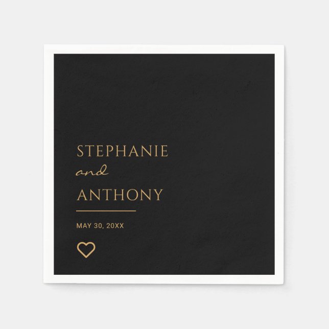 Minimalist Black and Gold Heart Modern Wedding  Napkin (Front)