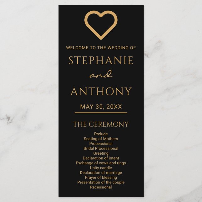 Minimalist Black And Gold Heart Modern Wedding   Programme (Front)