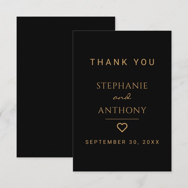 Minimalist Black And Gold Heart Modern Wedding   Thank You Card (Front/Back)