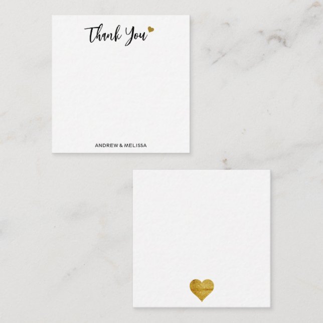 Minimalist Black And Gold Heart Wedding Thank You Card (Front/Back)