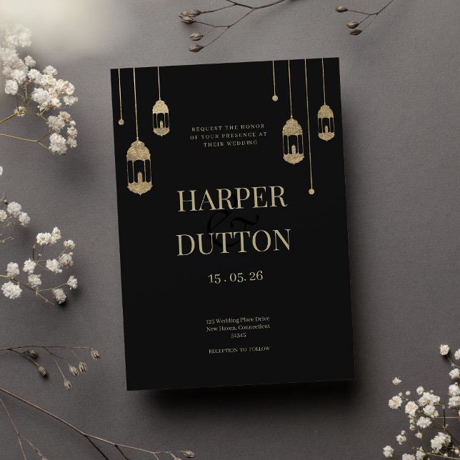 Minimalist black and gold lantern lights wedding invitation (Minimalist black and gold lantern lights wedding )