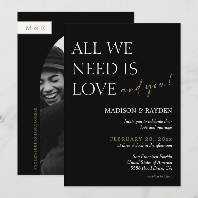 Minimalist Black and Gold Photo Wedding Invitation (Front/Back)