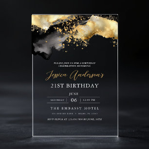 Minimalist Black and Gold Script 21st Birthday Acrylic Invitations