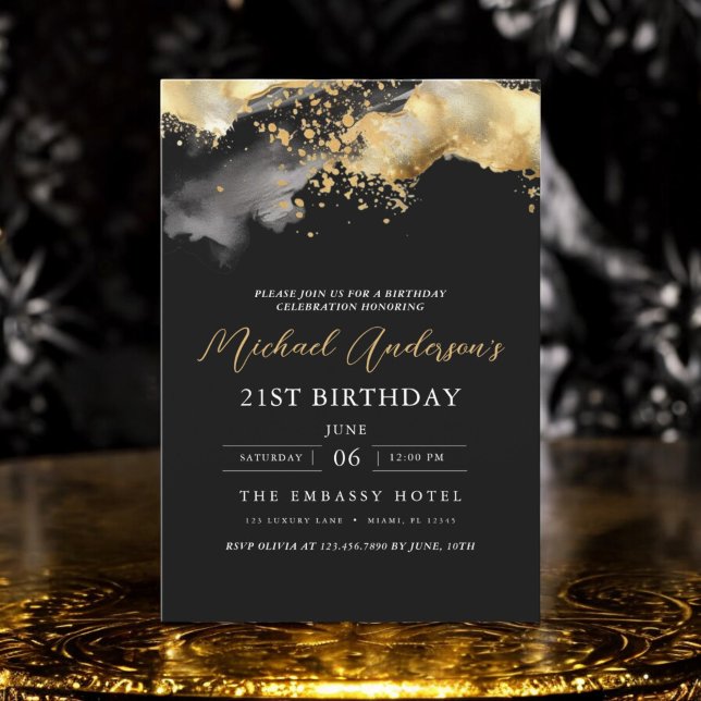 Minimalist Black and Gold Script 21st Birthday Invitation (Creator Uploaded)