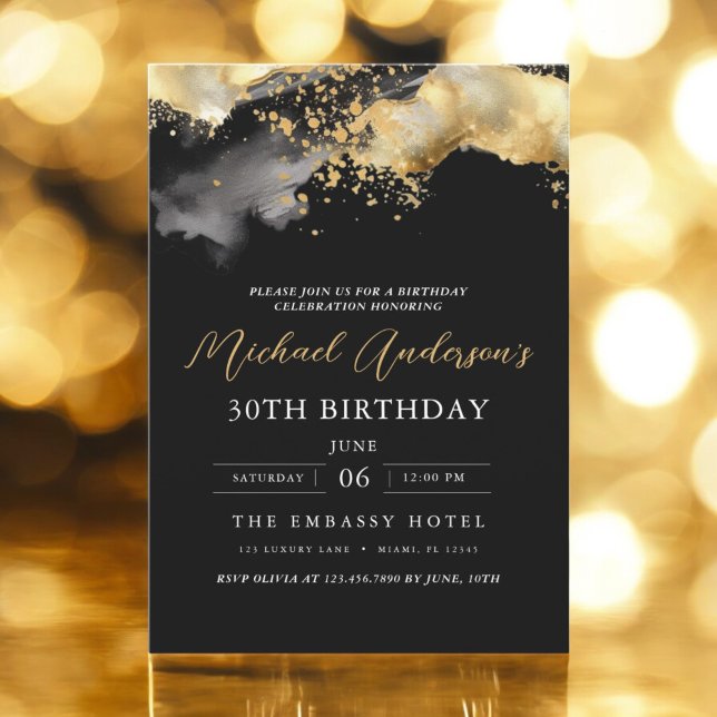 Minimalist Black and Gold Script 30th Birthday Invitation (Creator Uploaded)