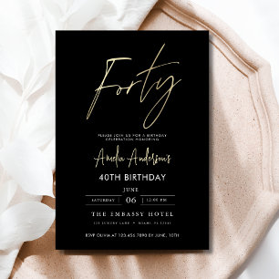 Minimalist Black and Gold Script 40th Birthday Invitation