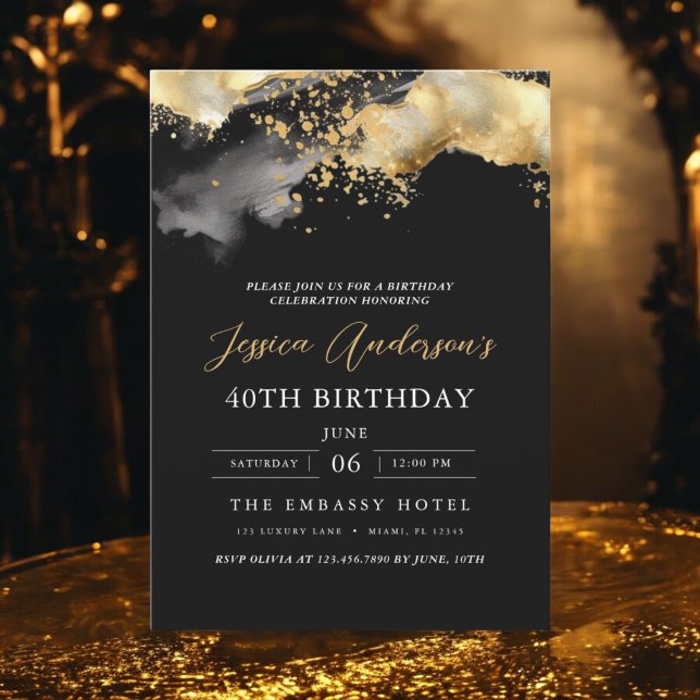 Minimalist Black and Gold Script 40th Birthday Invitation (Creator Uploaded)