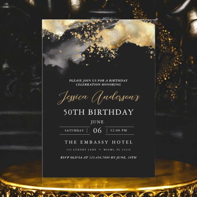 Minimalist Black and Gold Script 50th Birthday Invitation (Creator Uploaded)