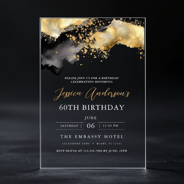 Minimalist Black and Gold Script 60th Birthday Acrylic Invitations (Creator Uploaded)