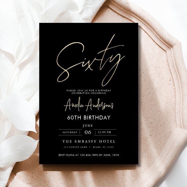 Minimalist Black and Gold Script 60th Birthday Invitation (Creator Uploaded)