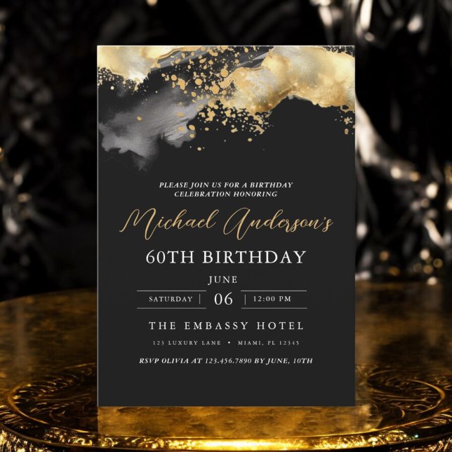 Minimalist Black and Gold Script 60th Birthday Invitation (Creator Uploaded)