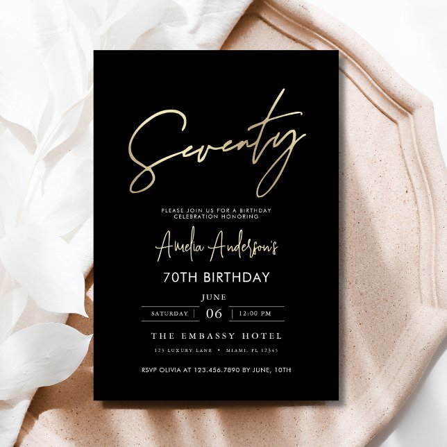 Minimalist Black and Gold Script 70th Birthday Invitation (Creator Uploaded)