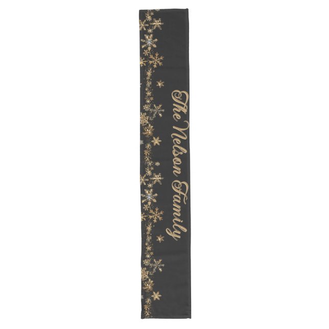 Minimalist Black and Gold Snowflake Family Name Long Table Runner (Front)