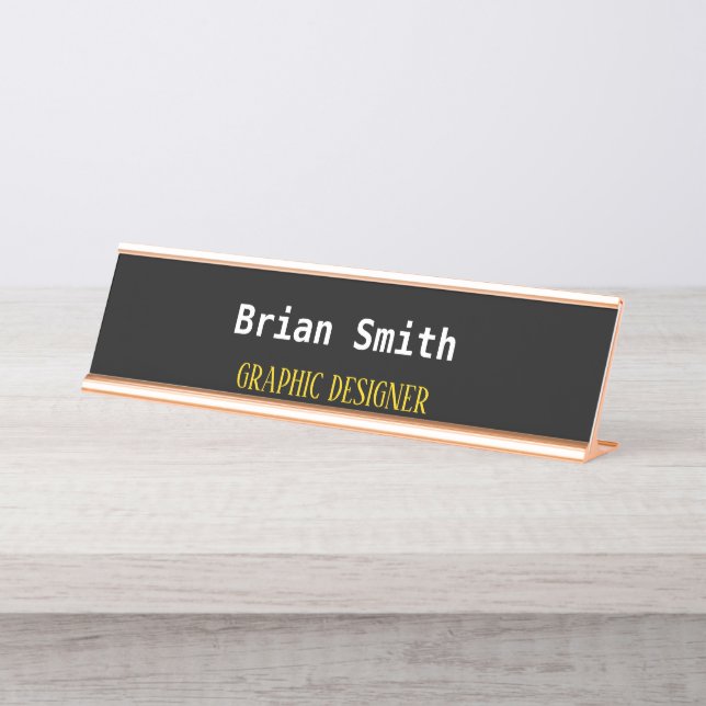Minimalist black and gold text desk name plate (Front)