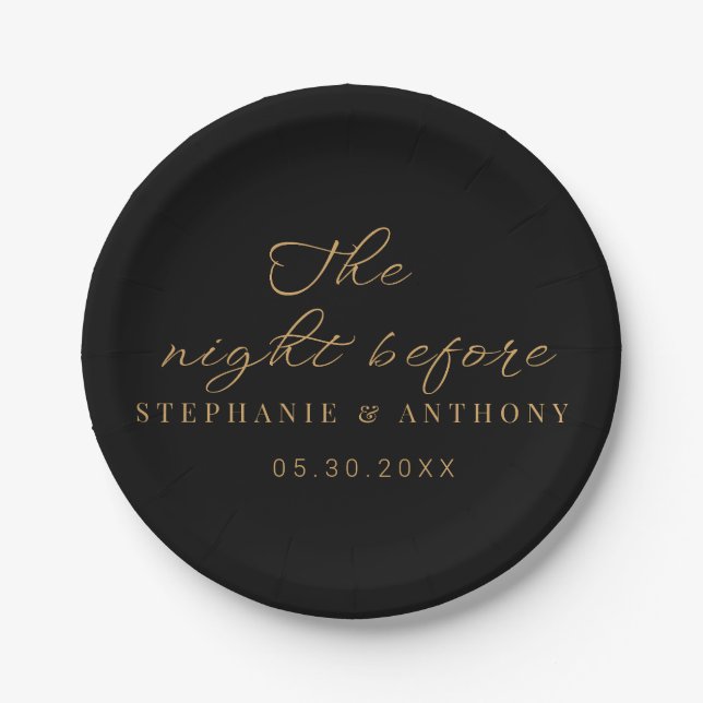 Minimalist Black and Gold The Night Before Wedding Paper Plate (Front)