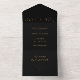 Minimalist Black and Gold With a Heart Wedding All In One Invitation