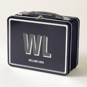 Minimalist Black and Grey Personalised Monogram Metal Lunch Box