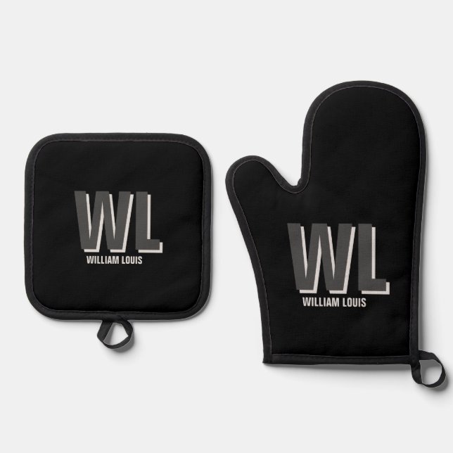 Minimalist Black and Grey Personalised Monogram  Oven Mitt & Pot Holder Set (Front)