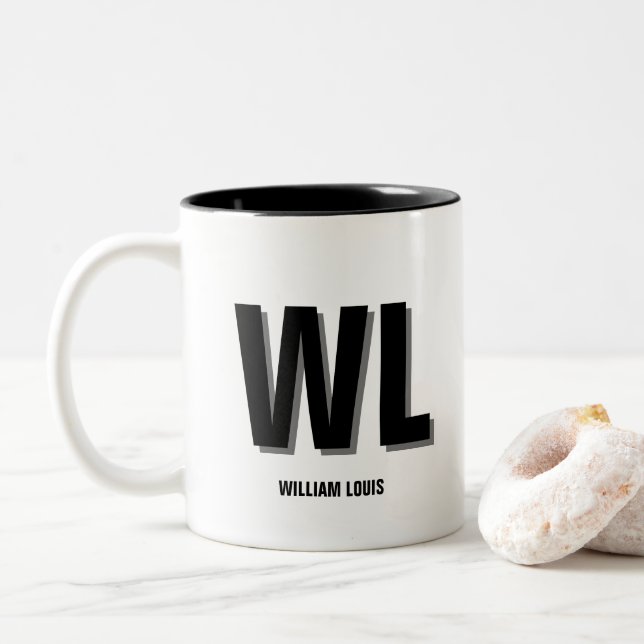 Minimalist Black and Grey Personalised Monogram  Two-Tone Coffee Mug (With Donut)