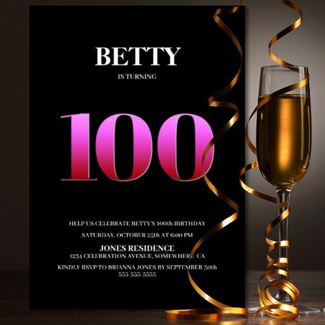 Minimalist Black and Pink 100th Birthday Party Invitation (Creator Uploaded)