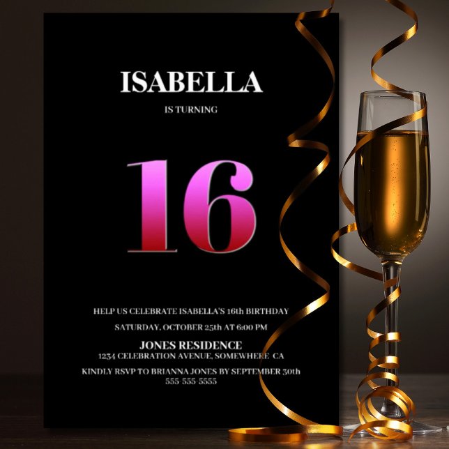 Minimalist Black and Pink 16th Birthday Party Invitation (Creator Uploaded)
