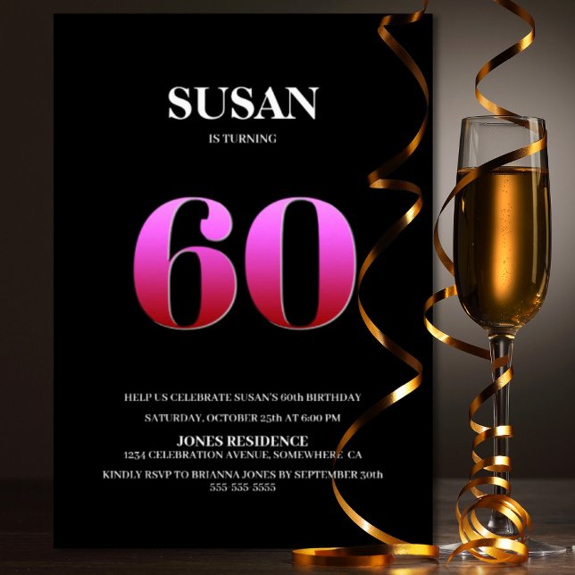 Minimalist Black and Pink 60th Birthday Party Invitation (Creator Uploaded)