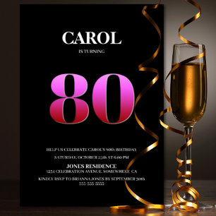 Minimalist Black and Pink 80th Birthday Party Invitation