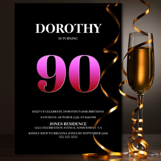 Minimalist Black and Pink 90th Birthday Party Invitation (Creator Uploaded)