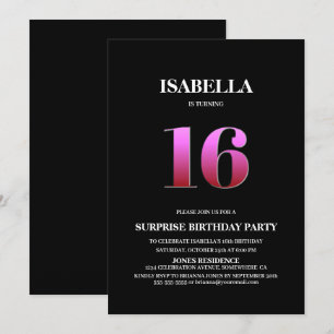 Minimalist Black and Pink Surprise 16th Birthday Invitation