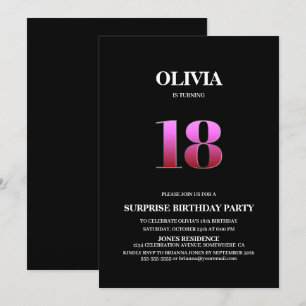 Minimalist Black and Pink Surprise 18th Birthday Invitation