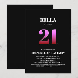 Minimalist Black and Pink Surprise 21st Birthday Invitation