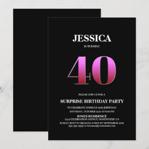 Minimalist Black and Pink Surprise 40th Birthday Invitation