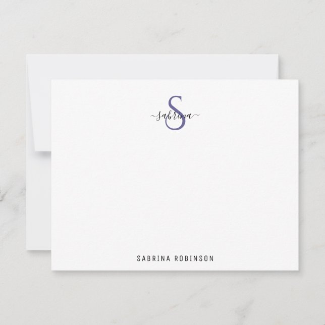 Minimalist Black and Purple Monogram Note Card (Front)