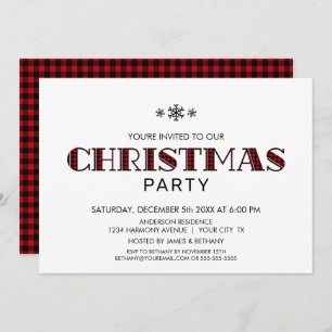 Minimalist Black and Red Buffalo Plaid Christmas Invitation
