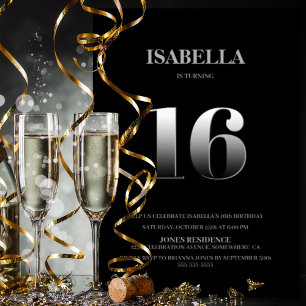 Minimalist Black and Silver 16th Birthday Party Invitation