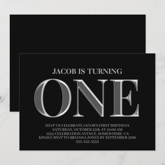 Minimalist Black and Silver 1st Birthday Party Invitation (Front/Back)