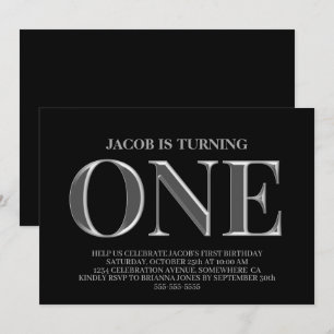 Minimalist Black and Silver 1st Birthday Party Invitation