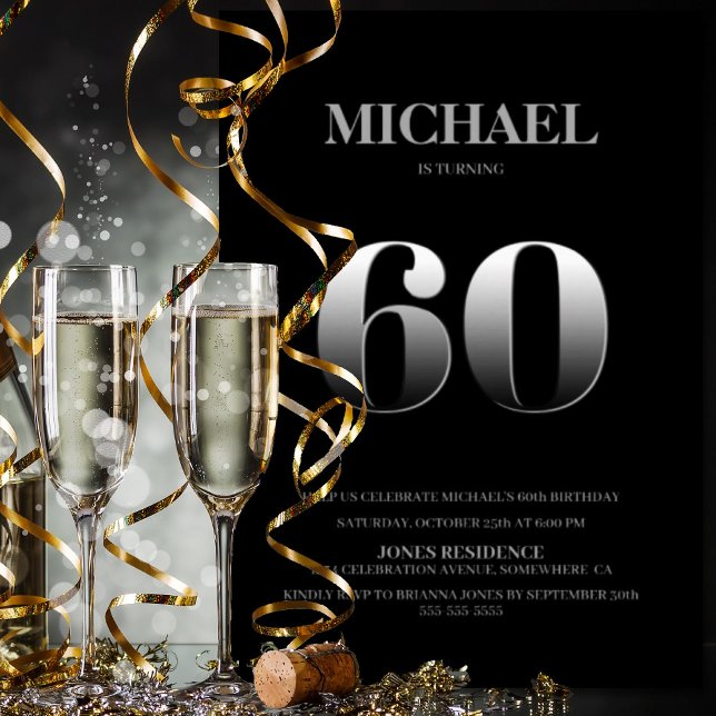 Minimalist Black and Silver 60th Birthday Party Invitation (Creator Uploaded)