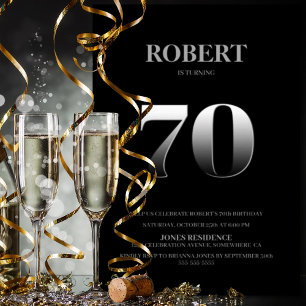 Minimalist Black and Silver 70th Birthday Party Invitation