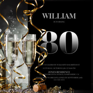 Minimalist Black and Silver 80th Birthday Party Invitation