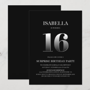 Minimalist Black and Silver Surprise 16th Birthday Invitation