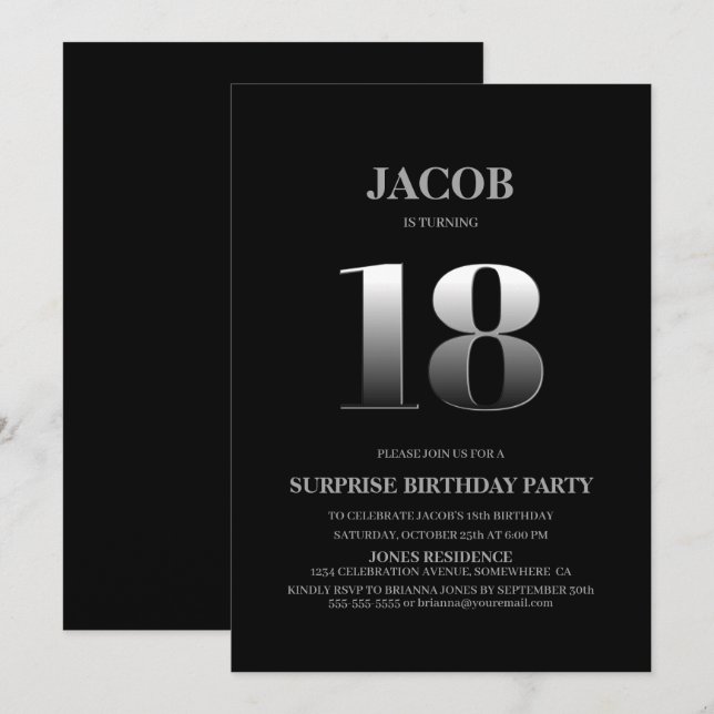 Minimalist Black and Silver Surprise 18th Birthday Invitation (Front/Back)