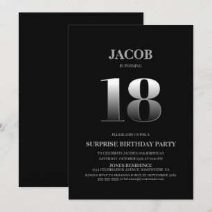Minimalist Black and Silver Surprise 18th Birthday Invitation