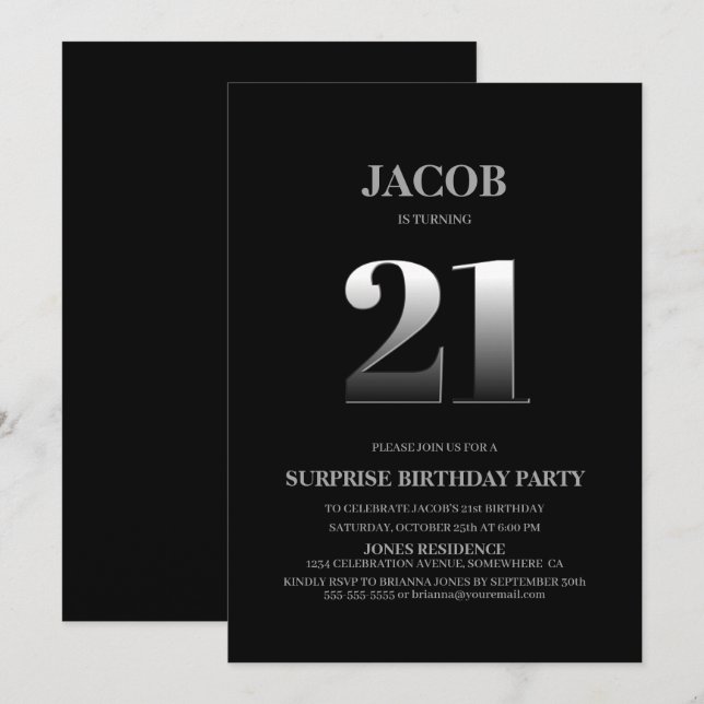 Minimalist Black and Silver Surprise 21st Birthday Invitation (Front/Back)