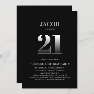 Minimalist Black and Silver Surprise 21st Birthday Invitation