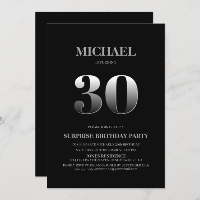 Minimalist Black and Silver Surprise 30th Birthday Invitation (Front/Back)