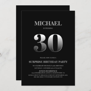 Minimalist Black and Silver Surprise 30th Birthday Invitation