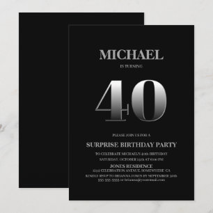 Minimalist Black and Silver Surprise 40th Birthday Invitation